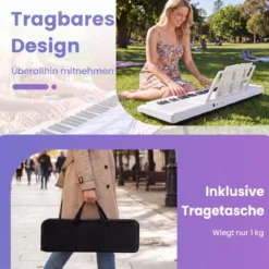 61 Tasten Piano Keyboard mit Ständer & Mikrofon & Tragetasche Digital Piano E-Piano Weiß