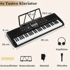 61 Tasten Tragbares Keyboard mit 200 Rhythmen & 200 Klangfarben Elektronisches Klavier Schwarz