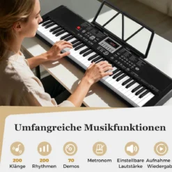 61 Tasten Tragbares Keyboard mit 200 Rhythmen & 200 Klangfarben Elektronisches Klavier Schwarz
