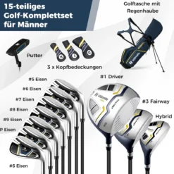 15 teilges Komplett Golfschläger Set Golf Set mit Golftasche & Regenhaube Gelb
