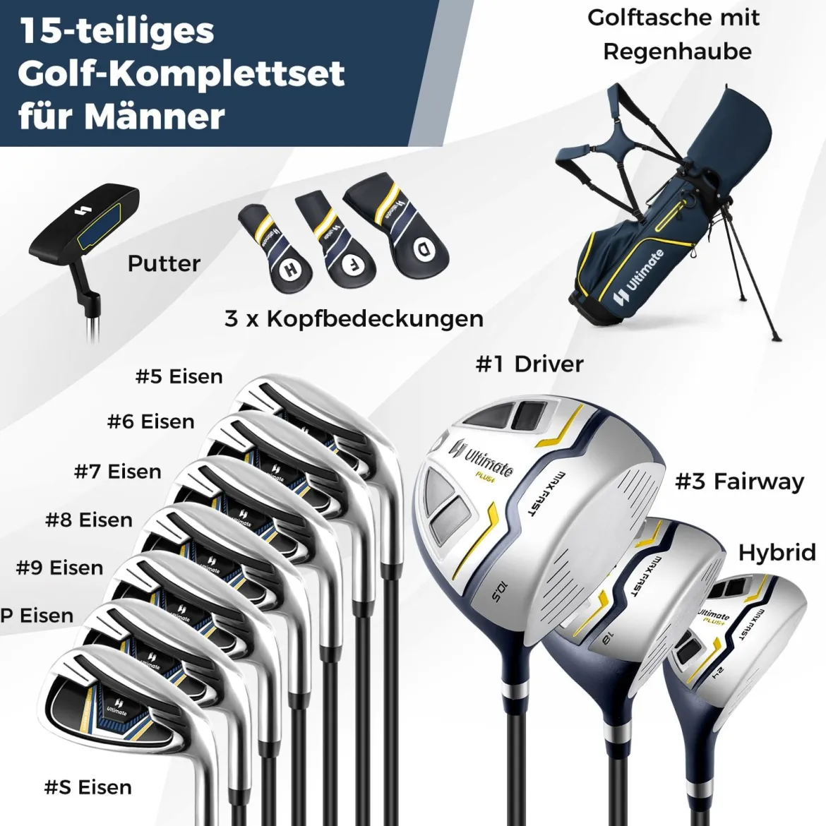 15 teilges Komplett Golfschläger Set Golf Set mit Golftasche & Regenhaube Gelb