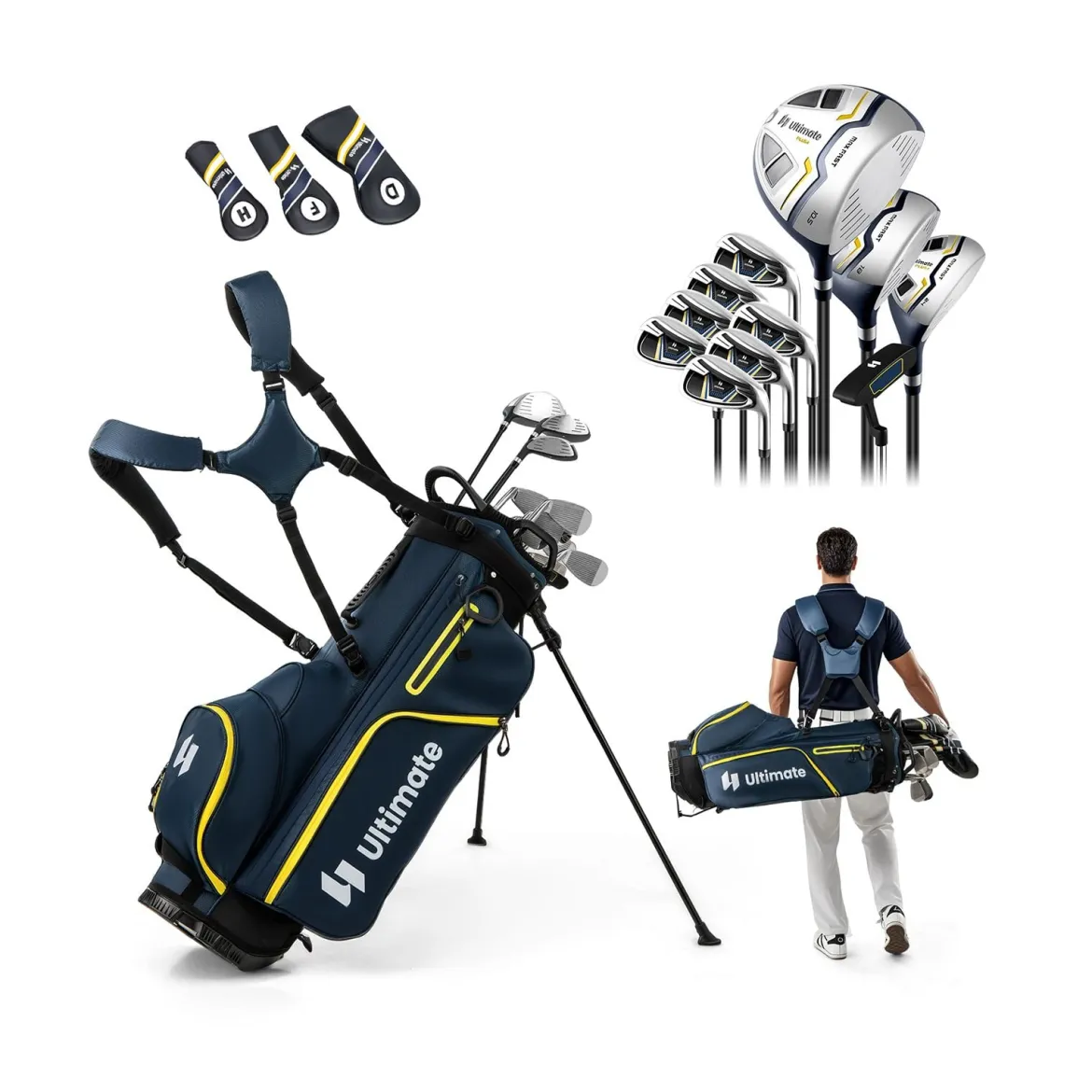 15 teilges Komplett Golfschläger Set Golf Set mit Golftasche & Regenhaube Gelb