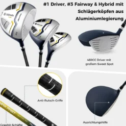 15 teilges Komplett Golfschläger Set Golf Set mit Golftasche & Regenhaube Gelb