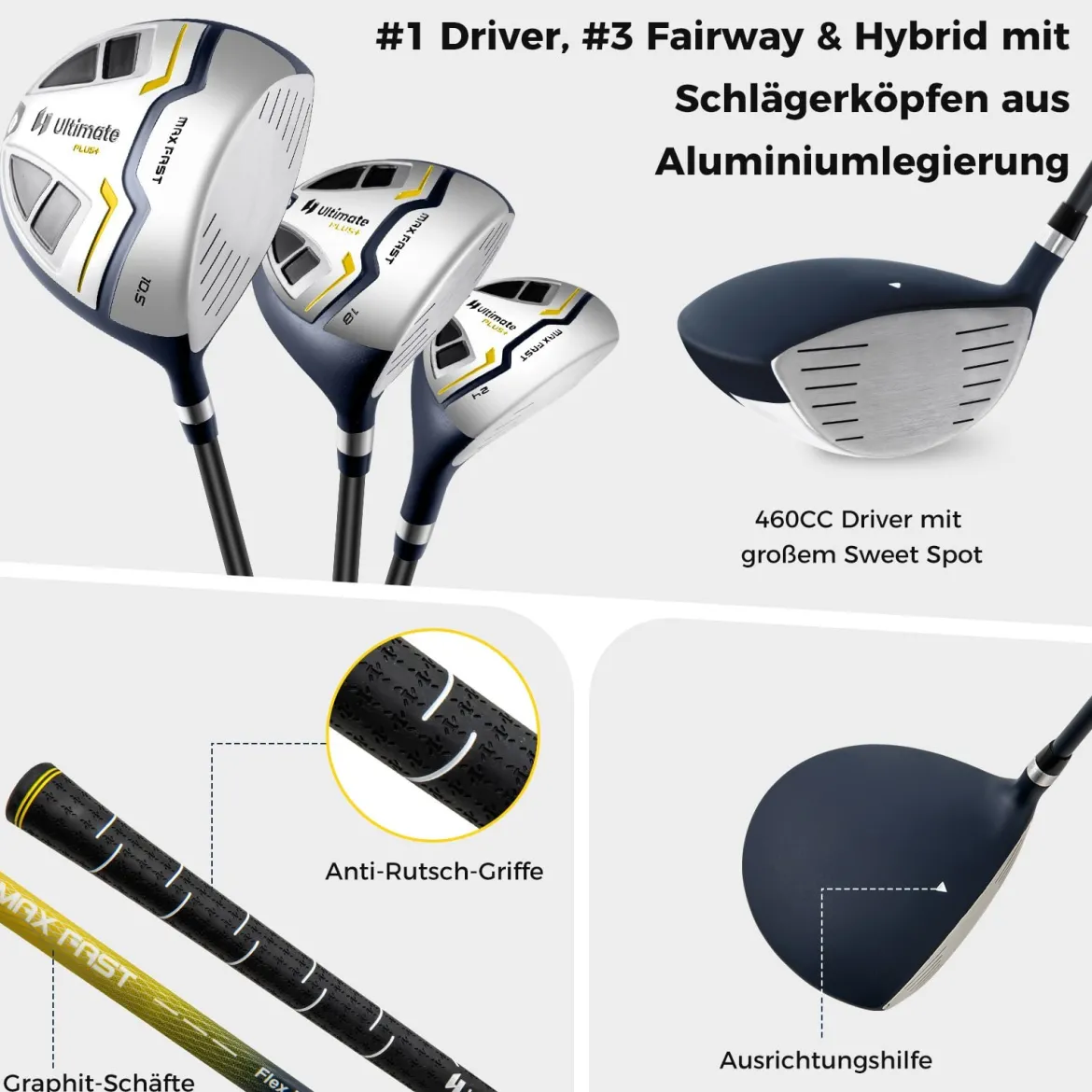 15 teilges Komplett Golfschläger Set Golf Set mit Golftasche & Regenhaube Gelb