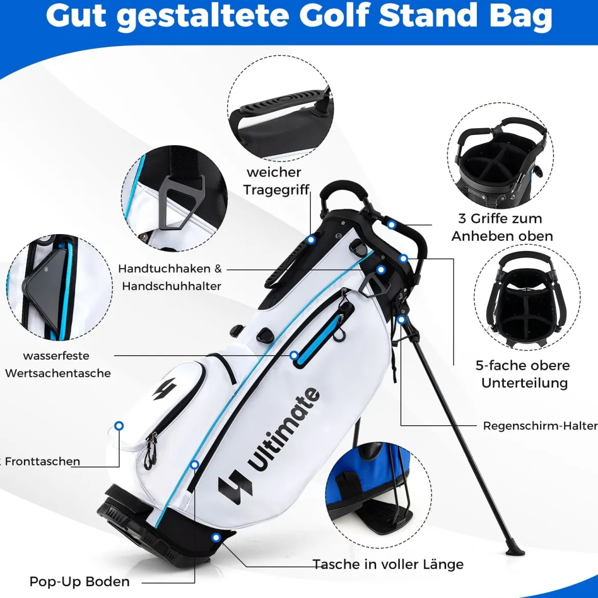 15 teilges Komplett Golfschläger Set Golf Set mit Golftasche & Regenhaube Weiß