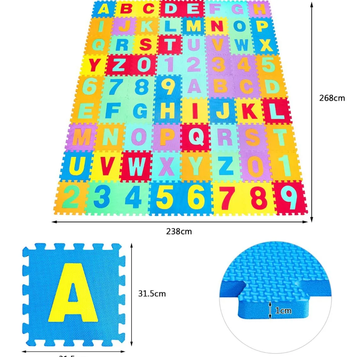 72-teilige Bodenpuzzle-Spielmatte für Kinder Puzzlematte Kinder Spielmatte 31,5 x 31,5 x 1 cm Bunt