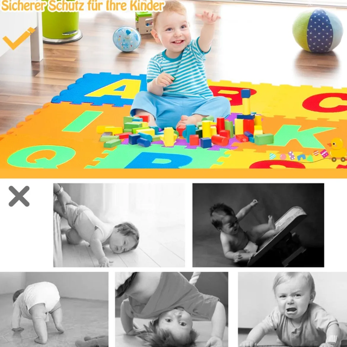 72-teilige Bodenpuzzle-Spielmatte für Kinder Puzzlematte Kinder Spielmatte 31,5 x 31,5 x 1 cm Bunt