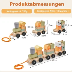 3-teilige Holzeisenbahn-Set mit stapelbaren Bausteinen niedlichen Tiermustern & Hakenverbindungen