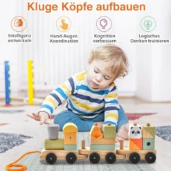 3-teilige Holzeisenbahn-Set mit stapelbaren Bausteinen niedlichen Tiermustern & Hakenverbindungen
