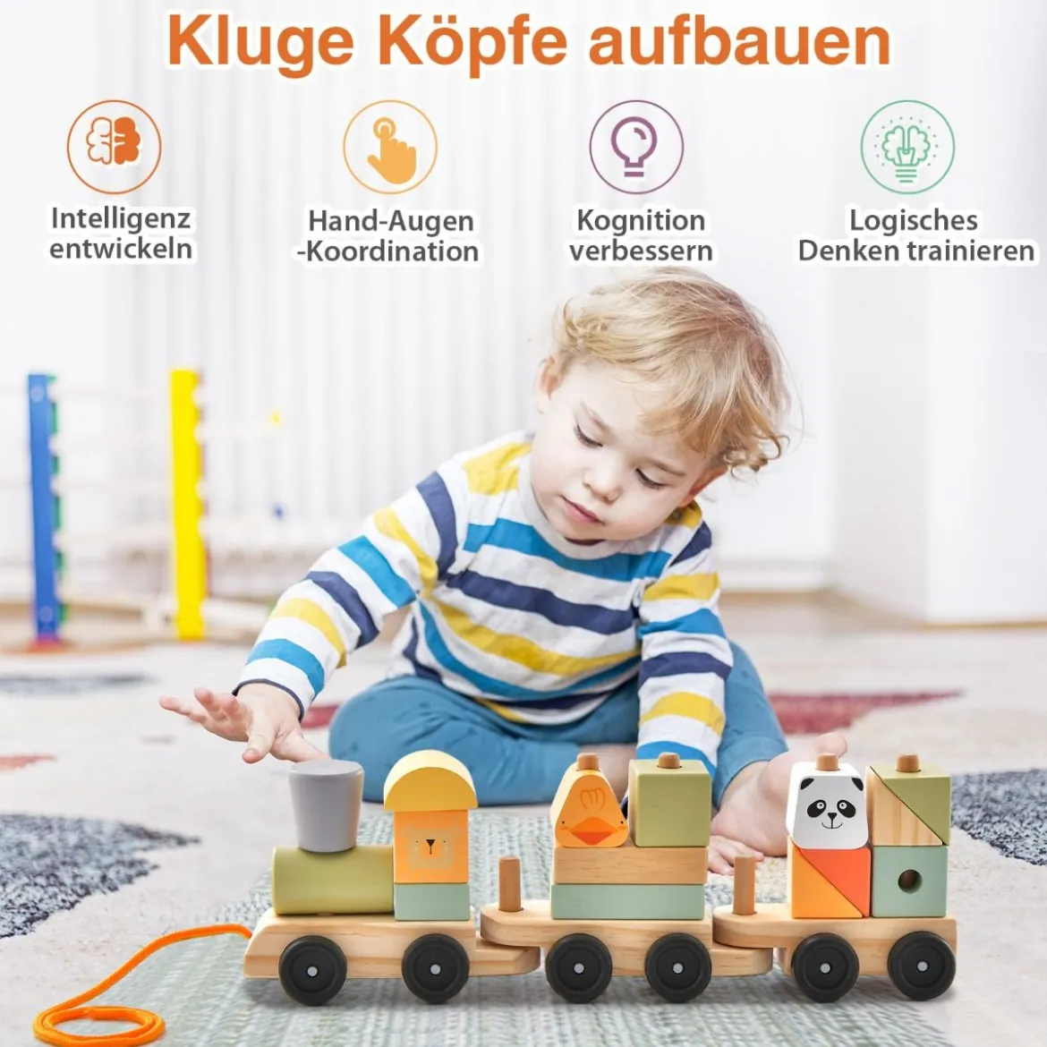 3-teilige Holzeisenbahn-Set mit stapelbaren Bausteinen niedlichen Tiermustern & Hakenverbindungen