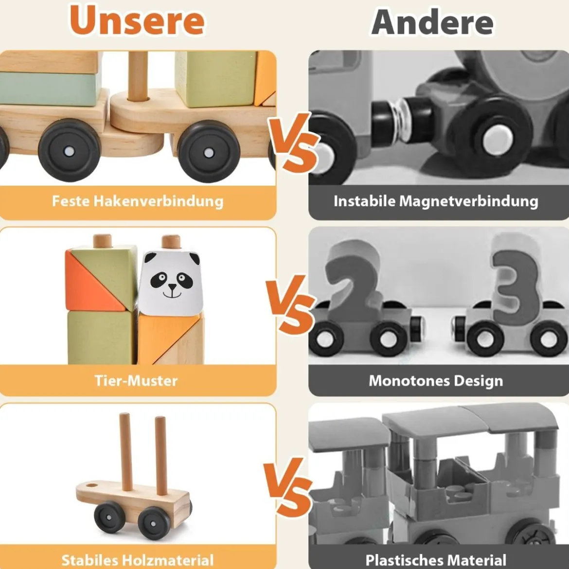 3-teilige Holzeisenbahn-Set mit stapelbaren Bausteinen niedlichen Tiermustern & Hakenverbindungen