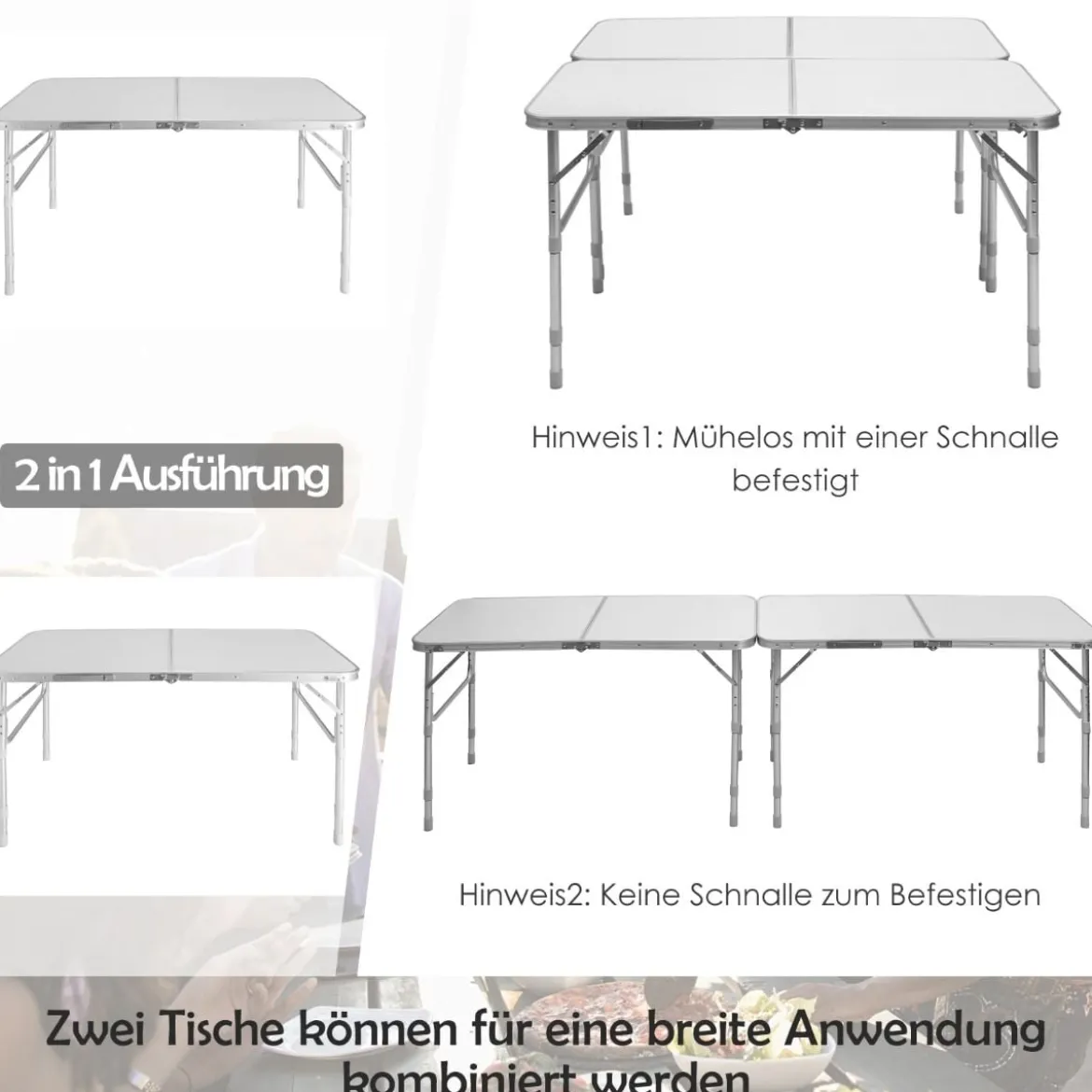 2-Teilige Klappbare Mehrzwecktische Campingtisch mit Ausziehfunktion Weiß