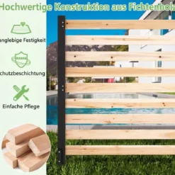3-teiliger Gartenzaun aus Tannenholz mit Erdspieße & Verstellbarem Winkel Dekorativer Sichtschutzzaun