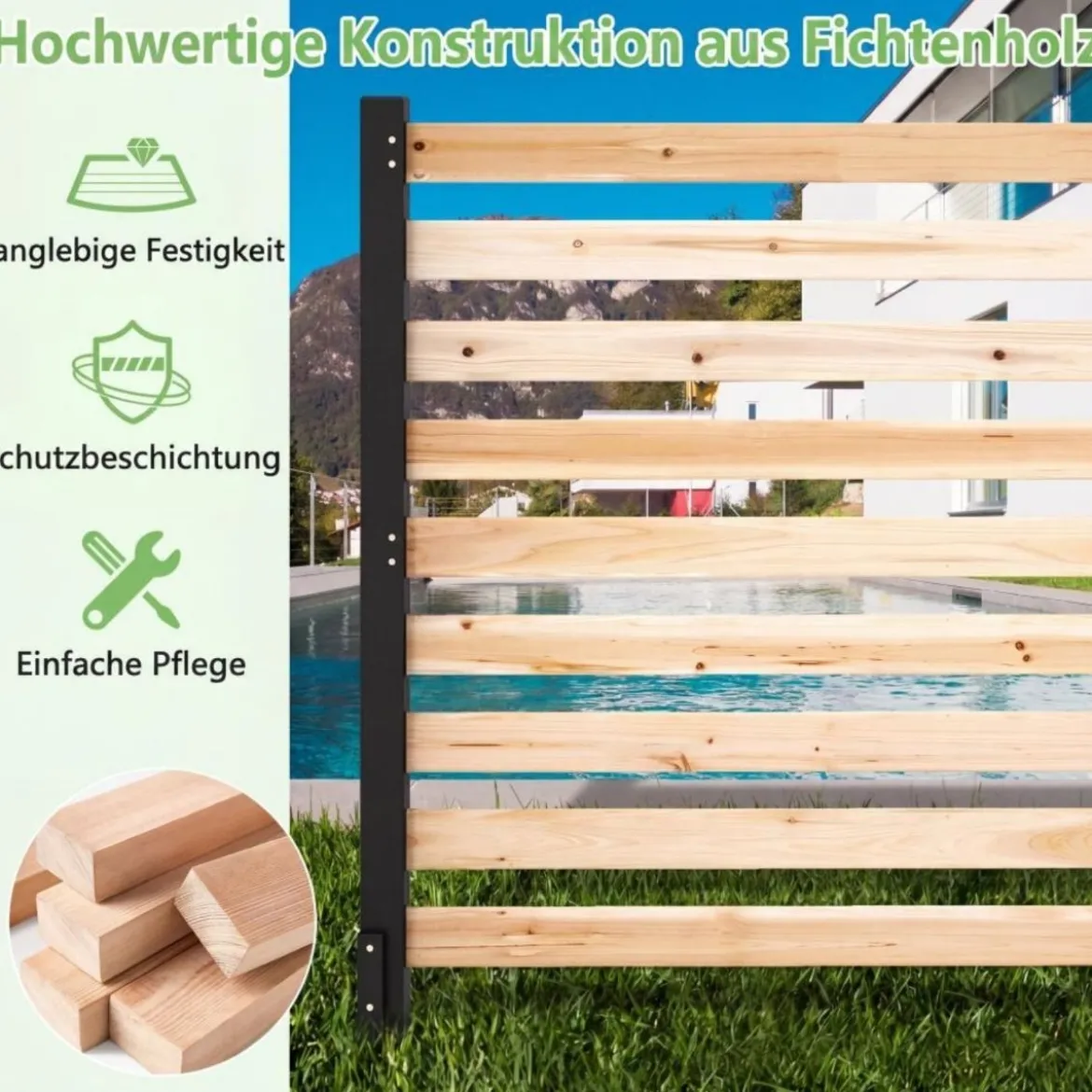 3-teiliger Gartenzaun aus Tannenholz mit Erdspieße & Verstellbarem Winkel Dekorativer Sichtschutzzaun