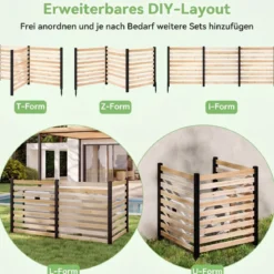 3-teiliger Gartenzaun aus Tannenholz mit Erdspieße & Verstellbarem Winkel Dekorativer Sichtschutzzaun