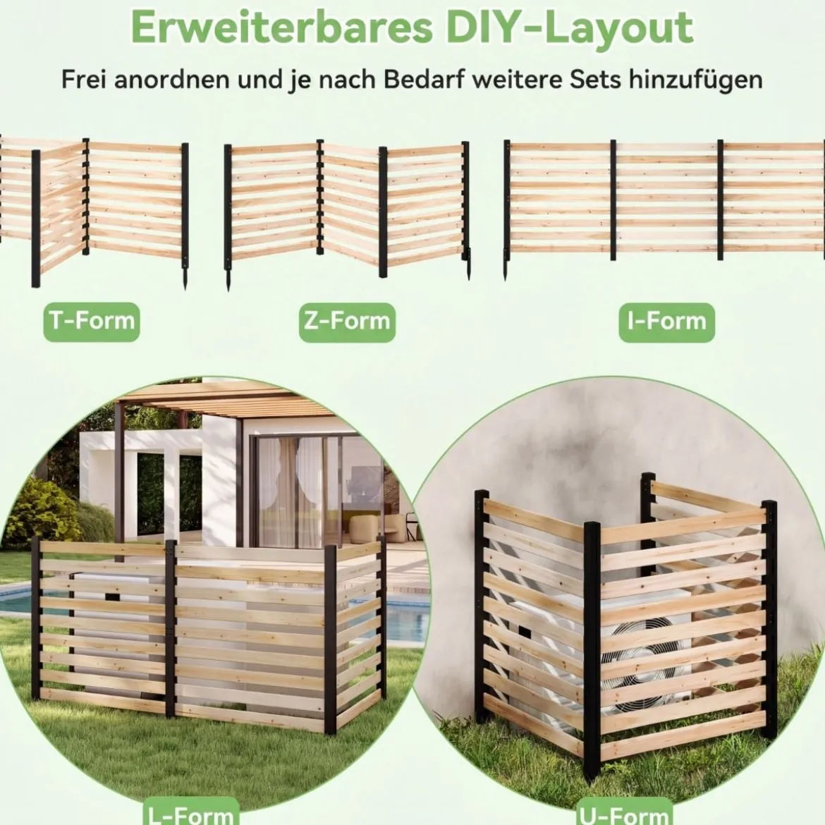 3-teiliger Gartenzaun aus Tannenholz mit Erdspieße & Verstellbarem Winkel Dekorativer Sichtschutzzaun
