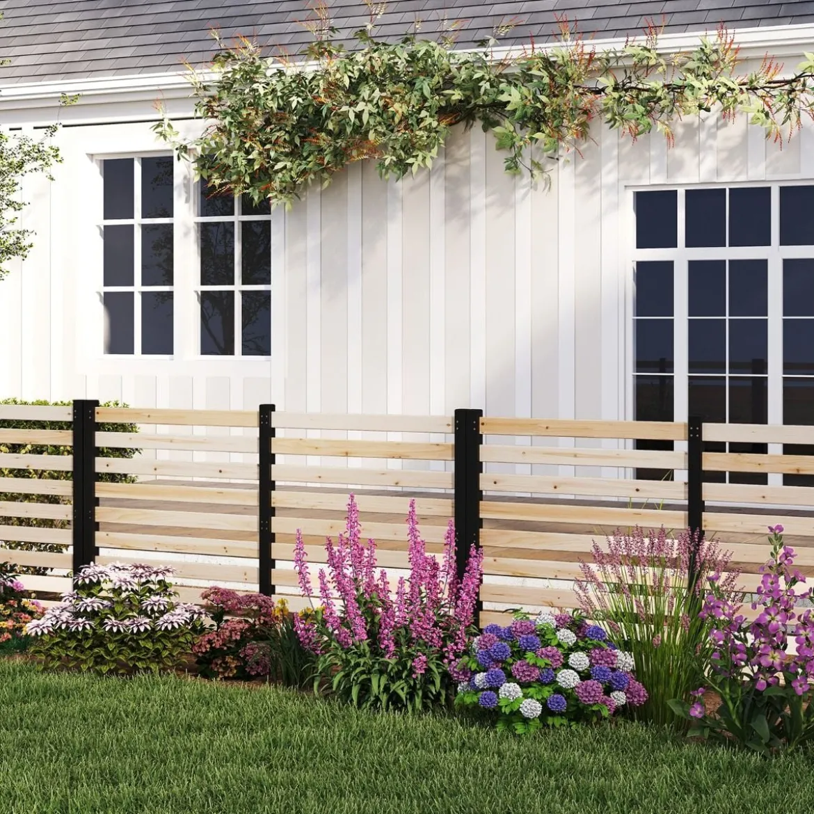 3-teiliger Gartenzaun aus Tannenholz mit Erdspieße & Verstellbarem Winkel Dekorativer Sichtschutzzaun