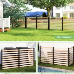 3-teiliger Gartenzaun aus Tannenholz mit Erdspieße & Verstellbarem Winkel Dekorativer Sichtschutzzaun