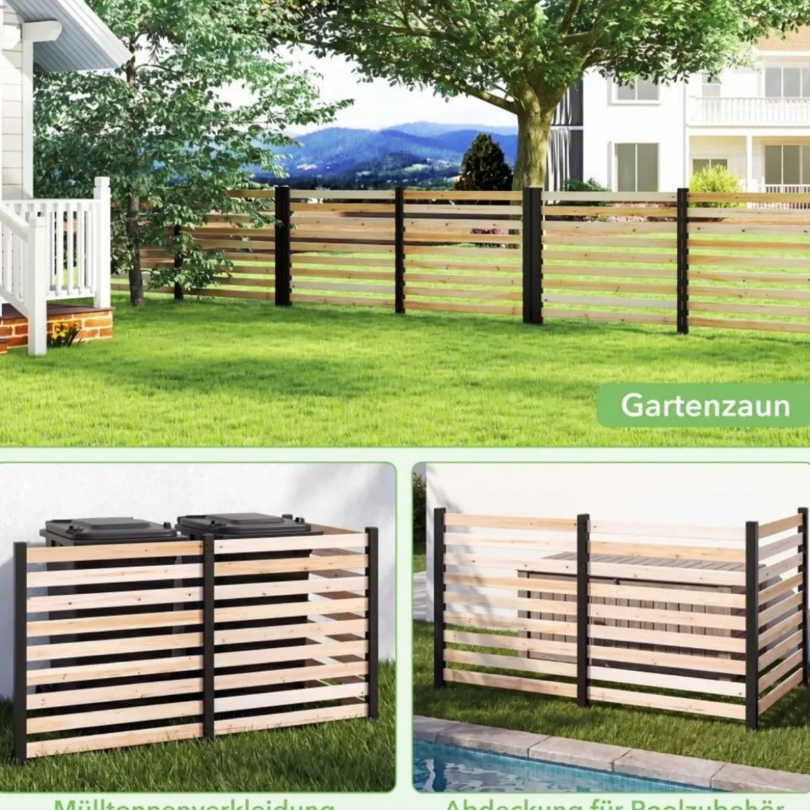 3-teiliger Gartenzaun aus Tannenholz mit Erdspieße & Verstellbarem Winkel Dekorativer Sichtschutzzaun