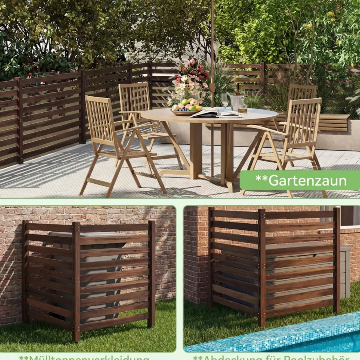 4-teiliger Gartenzaun mit Holzpfählen Sichtschutzzaun Dekorativer Steckzaun Braun