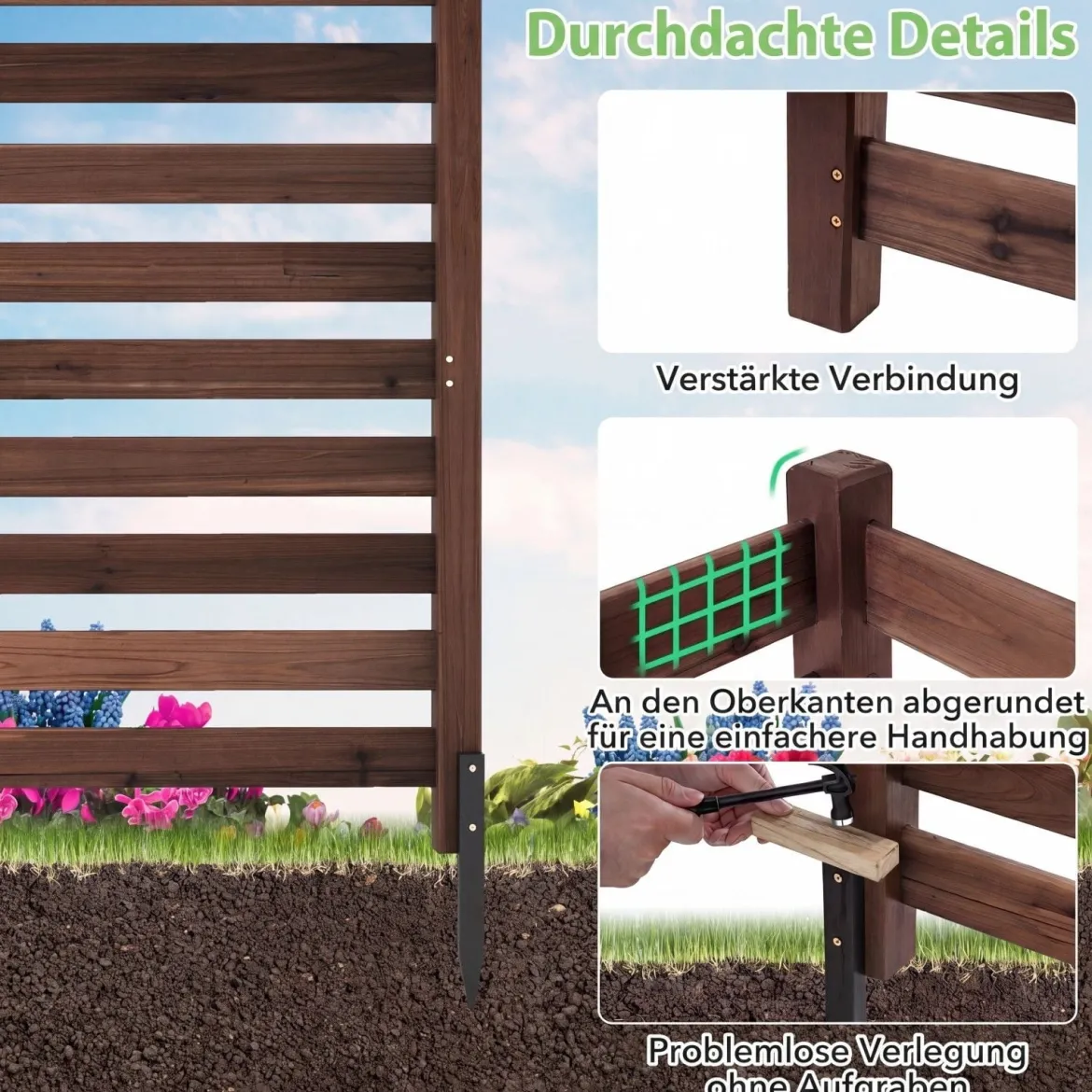 4-teiliger Gartenzaun mit Holzpfählen Sichtschutzzaun Dekorativer Steckzaun Braun