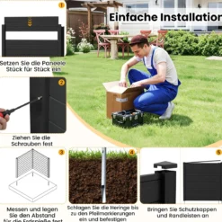 4-teiliger Gartenzaun mit Pfosten aus Verzinkte Metall & Schutzkappen Dekorativer Sichtschutzzaun Schwarz