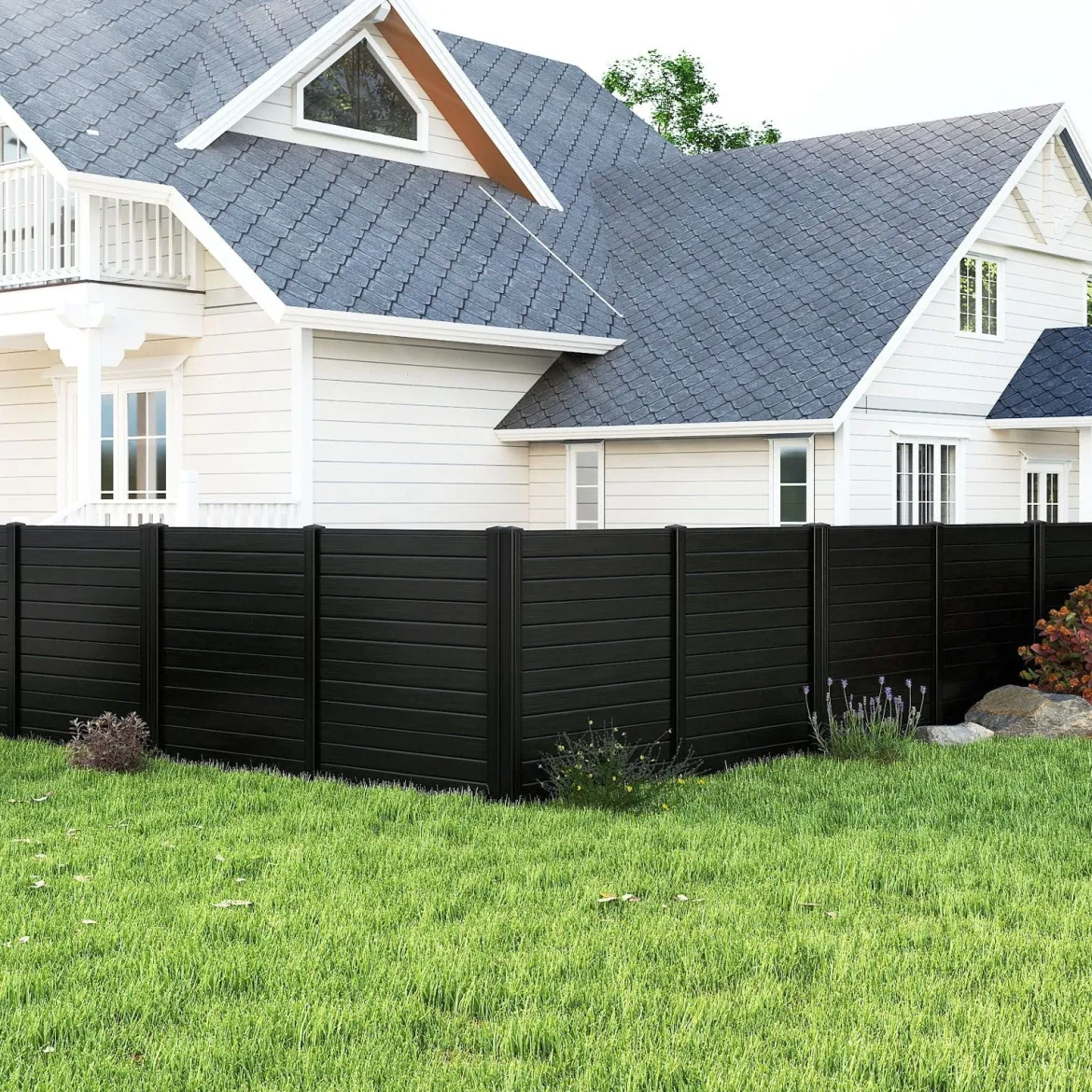 4-teiliger Gartenzaun mit Pfosten aus Verzinkte Metall & Schutzkappen Dekorativer Sichtschutzzaun Schwarz
