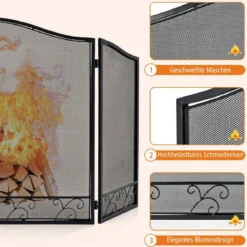 3-teiliger Kaminbildschirm faltbarer Metallschutzgitter Kaminabdeckung 93 x 59 cm Schwarz