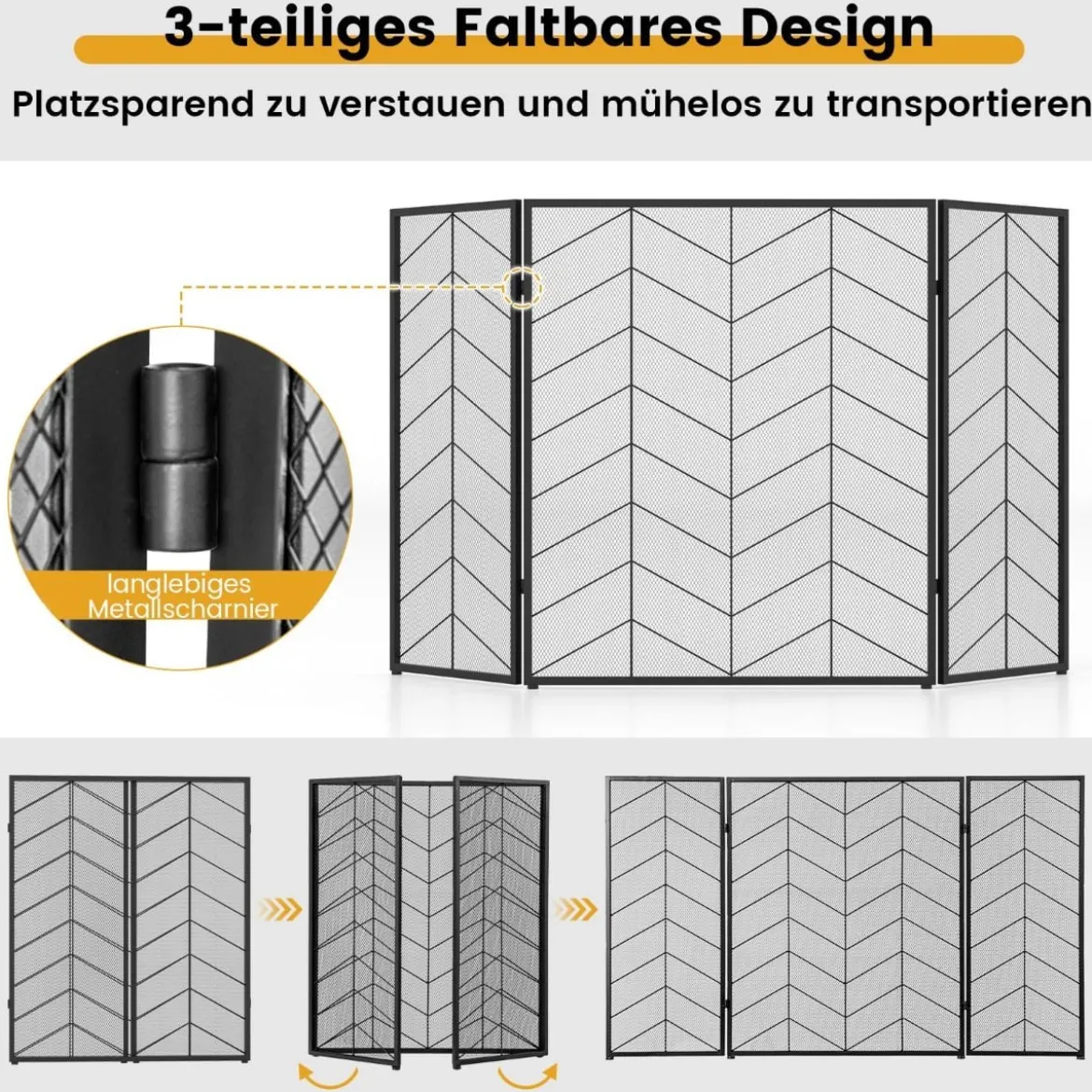 3-teiliger klappbarer Funkenschutz mit dekorative Kaminbarriere aus Drahtgeflecht Fischgrätenmuster