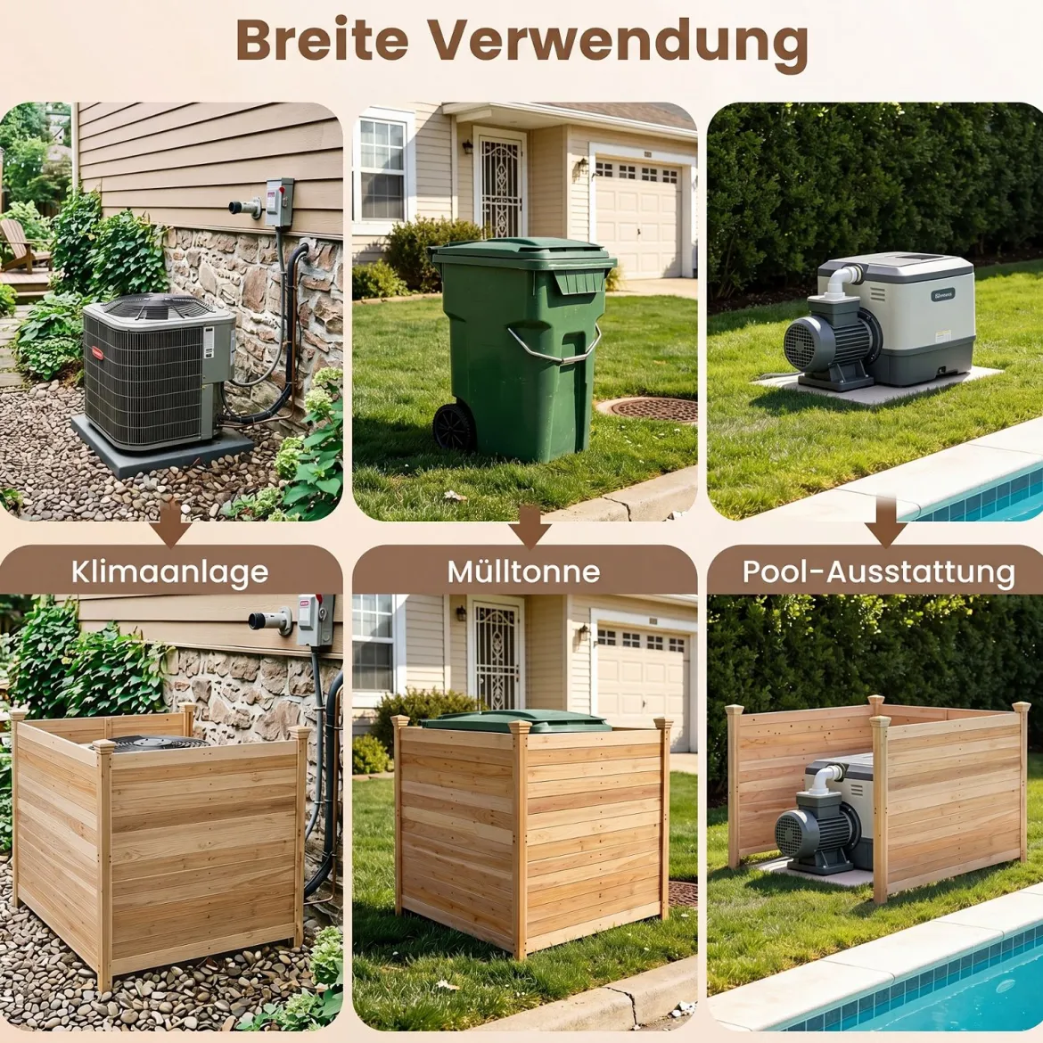 3-Teiliger Sichtschutzzaun aus Tannenholz Gartenzaun für Klimaanlage & Wärmepumpe Natur