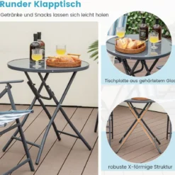3-teiliges Balkonset Bistrotisch mit 2 Klappstühle Sitzgarnitur mit Robustem Metallgestell