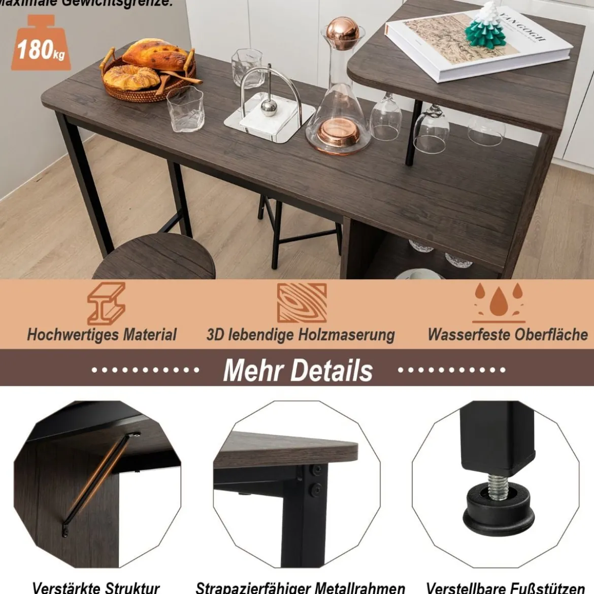 3-Teiliges Bartisch- & Stuhl-Set Esstisch-Set in Thekenhöhe Braun