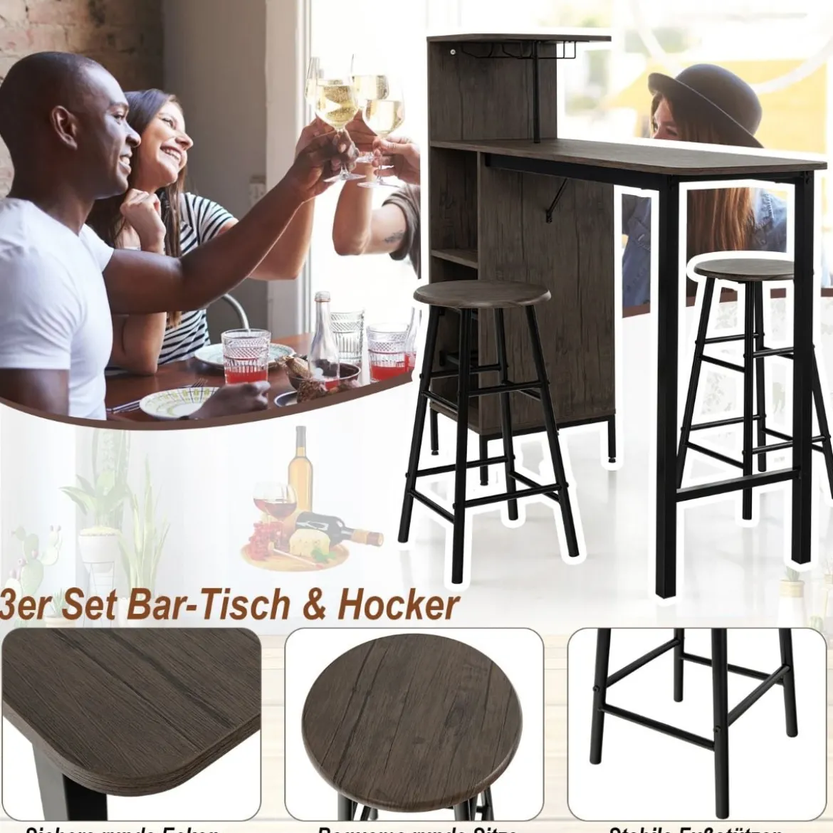 3-Teiliges Bartisch- & Stuhl-Set Esstisch-Set in Thekenhöhe Braun