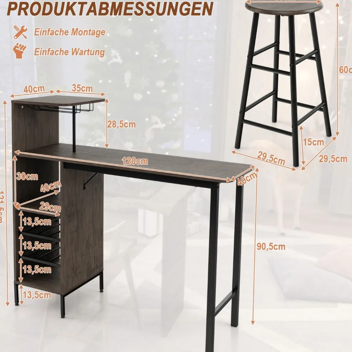 3-Teiliges Bartisch- & Stuhl-Set Esstisch-Set in Thekenhöhe Braun