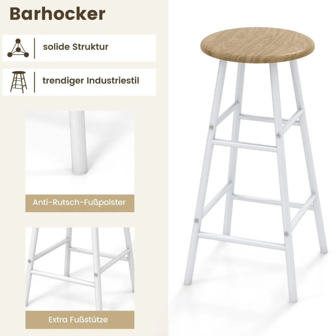 3-teiliges Bartisch- & Stuhl-Set Industrieller Pub-Tisch & Hocker Natur