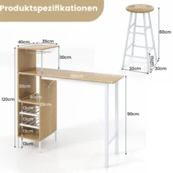 3-teiliges Bartisch- & Stuhl-Set Industrieller Pub-Tisch & Hocker Natur