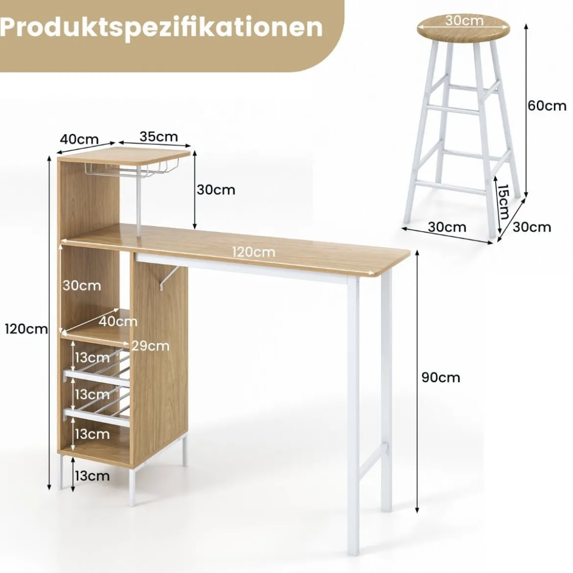 3-teiliges Bartisch- & Stuhl-Set Industrieller Pub-Tisch & Hocker Natur