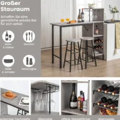 3-teiliges Bartisch- & Stuhl-Set Industrieller Pub-Tisch & Hocker Grau