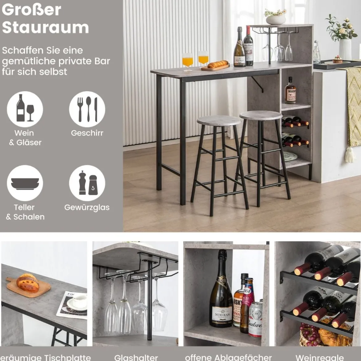 3-teiliges Bartisch- & Stuhl-Set Industrieller Pub-Tisch & Hocker Grau