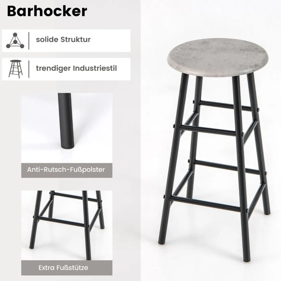 3-teiliges Bartisch- & Stuhl-Set Industrieller Pub-Tisch & Hocker Grau