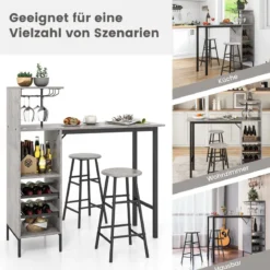 3-teiliges Bartisch- & Stuhl-Set Industrieller Pub-Tisch & Hocker Grau