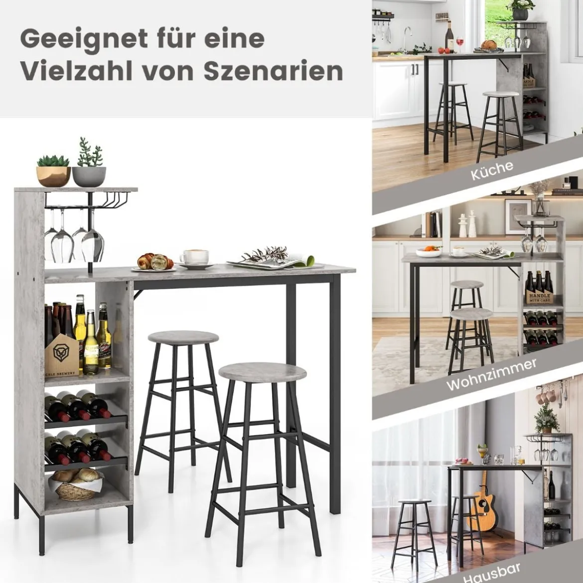 3-teiliges Bartisch- & Stuhl-Set Industrieller Pub-Tisch & Hocker Grau