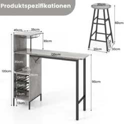 3-teiliges Bartisch- & Stuhl-Set Industrieller Pub-Tisch & Hocker Grau
