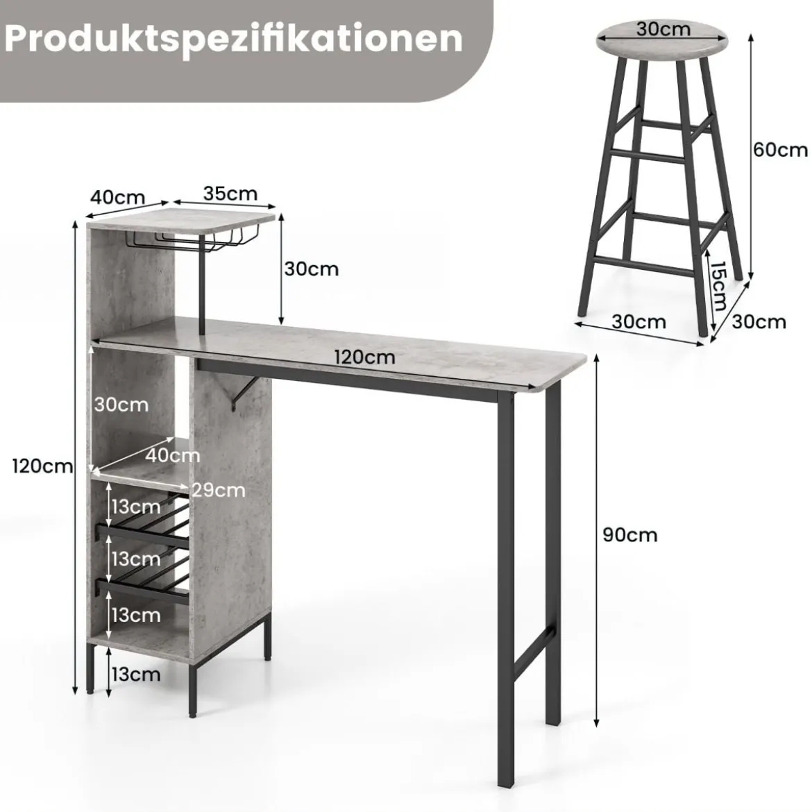 3-teiliges Bartisch- & Stuhl-Set Industrieller Pub-Tisch & Hocker Grau