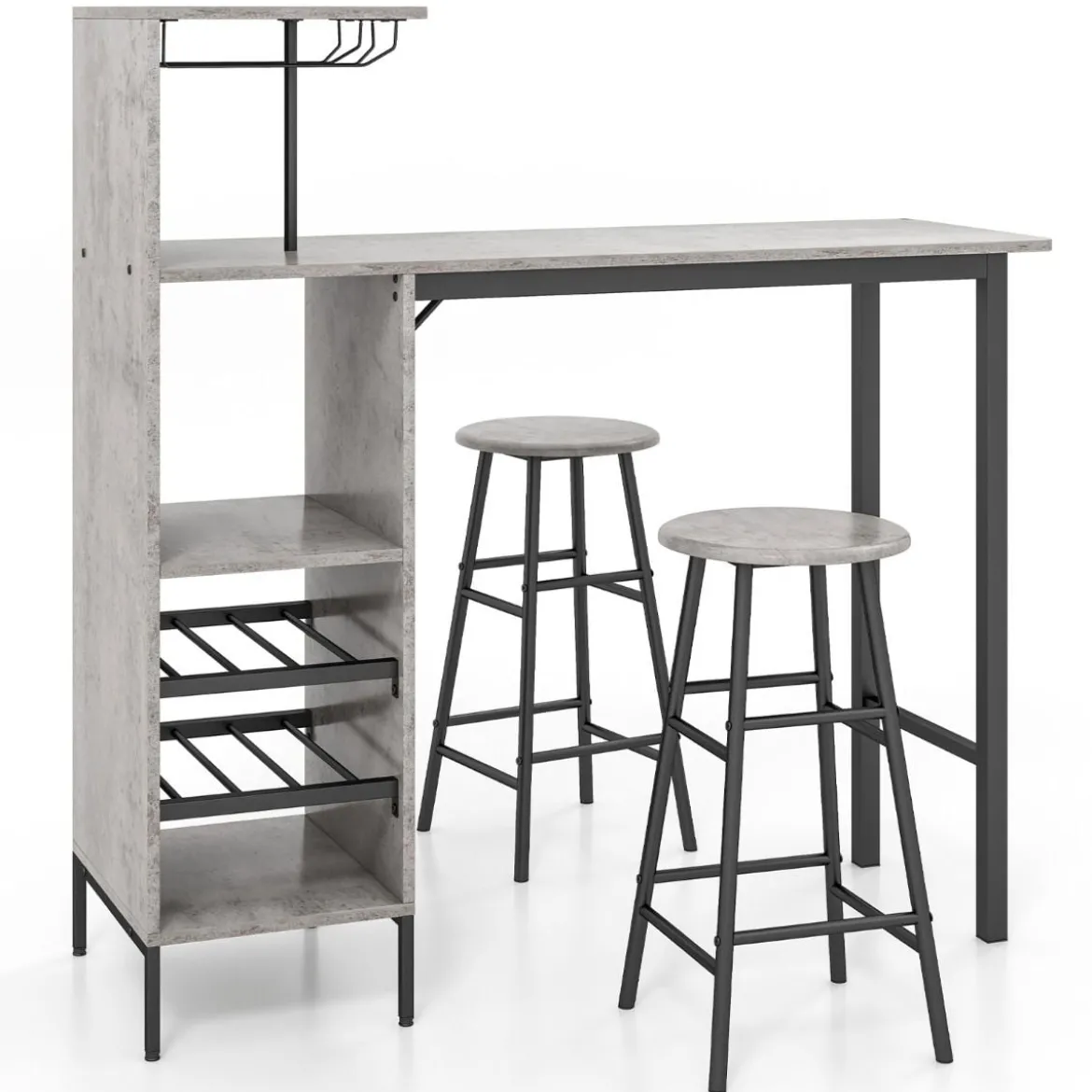 3-teiliges Bartisch- & Stuhl-Set Industrieller Pub-Tisch & Hocker Grau