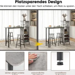 3-teiliges Bartisch- & Stuhl-Set Industrieller Pub-Tisch & Hocker Grau