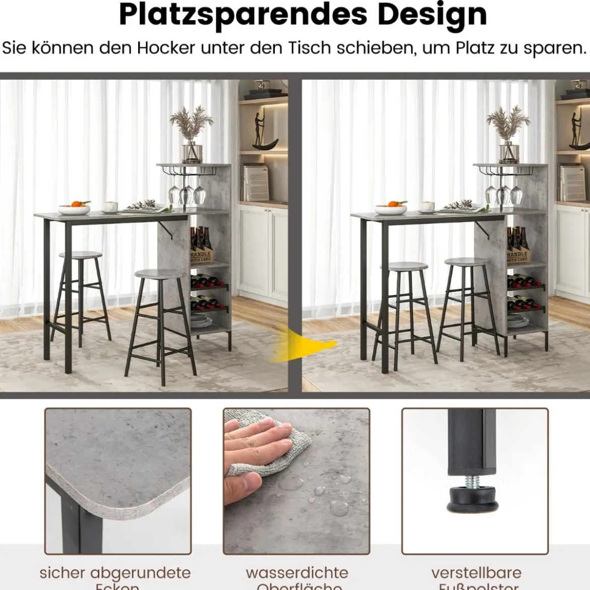 3-teiliges Bartisch- & Stuhl-Set Industrieller Pub-Tisch & Hocker Grau