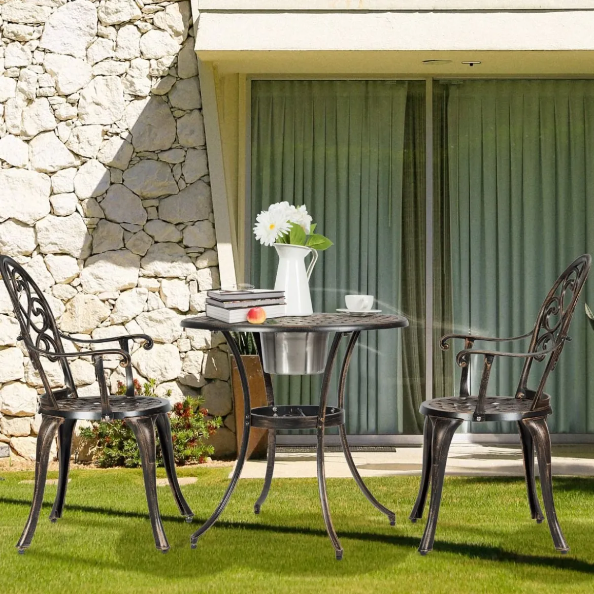 3- Teiliges Bistro-Set aus Gussaluminium für den Außenbereich Antikbronze