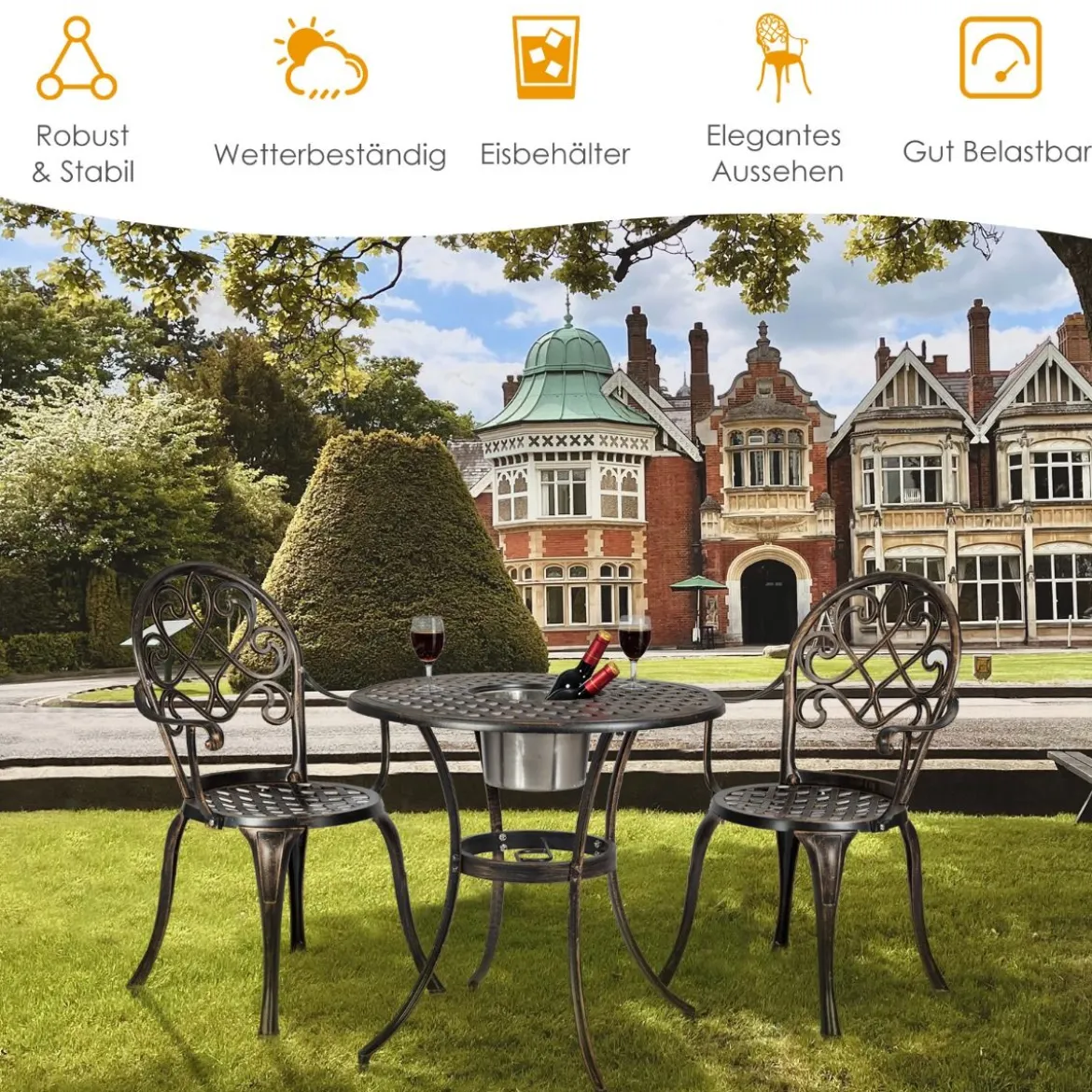 3- Teiliges Bistro-Set aus Gussaluminium für den Außenbereich Antikbronze