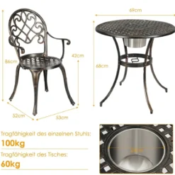 3- Teiliges Bistro-Set aus Gussaluminium für den Außenbereich Antikbronze